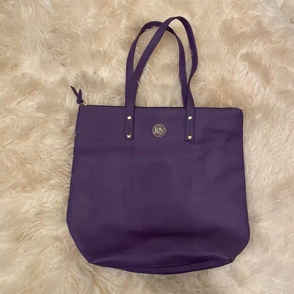 Joy Mangano Leather Tote | Purple Zip Top Bag, Gold Logo, Clean Interior NWOT - Picture 3 of 9
